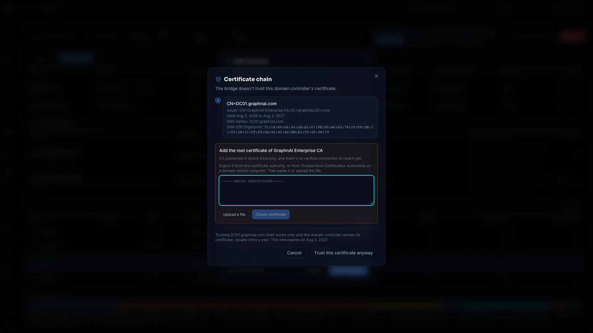 Certificate chain dialog asking for the root certificate of the controller's issuer