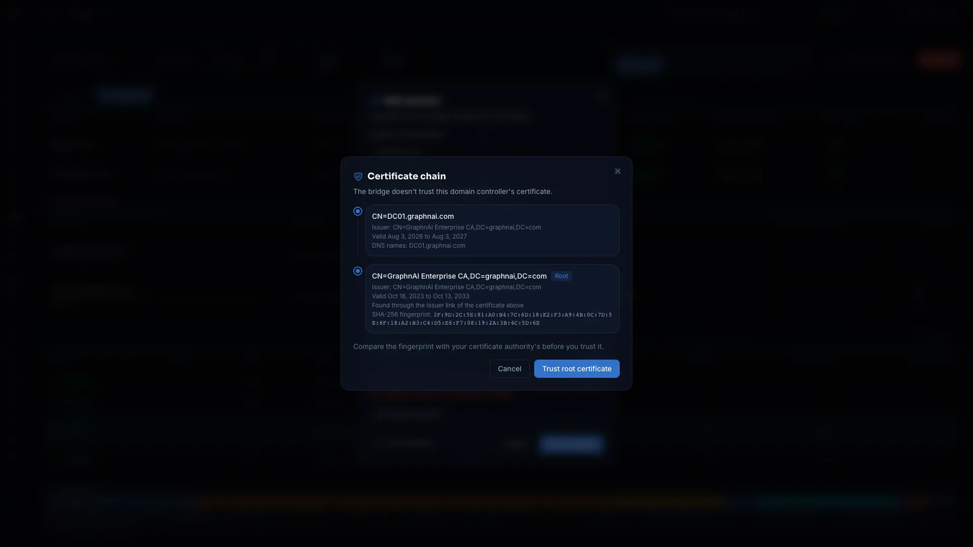 Certificate chain completed to the root certificate authority