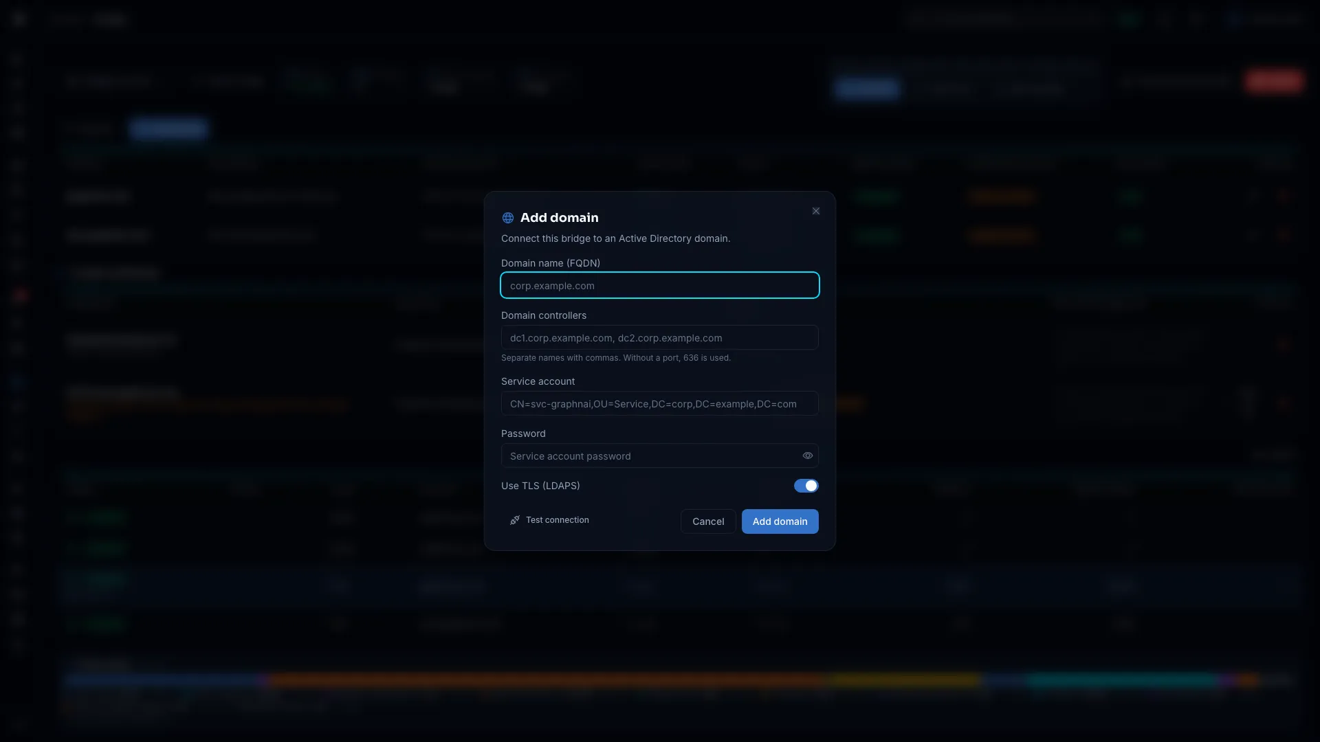 Add domain form with the domain name, domain controllers, service account and password fields
