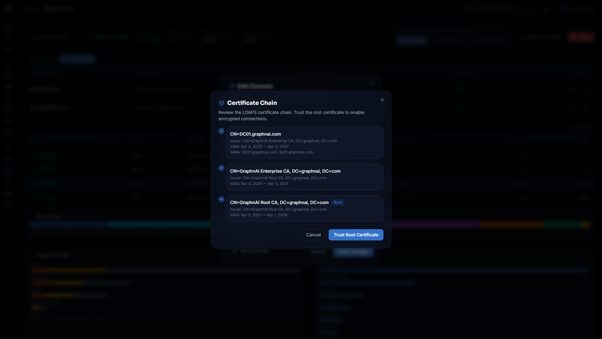 Certificate chain showing subject, issuer, validity, and fingerprint details
