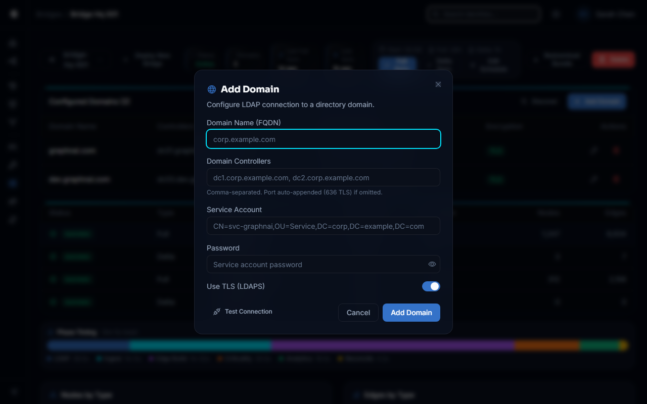 Add domain form with fields for domain name, controllers, and credentials