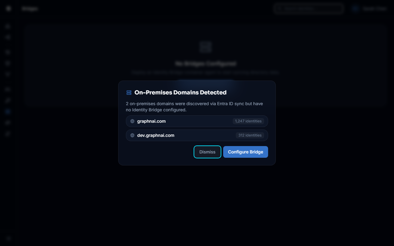 Hybrid domain prompt showing on-premises domains detected from Entra ID sync