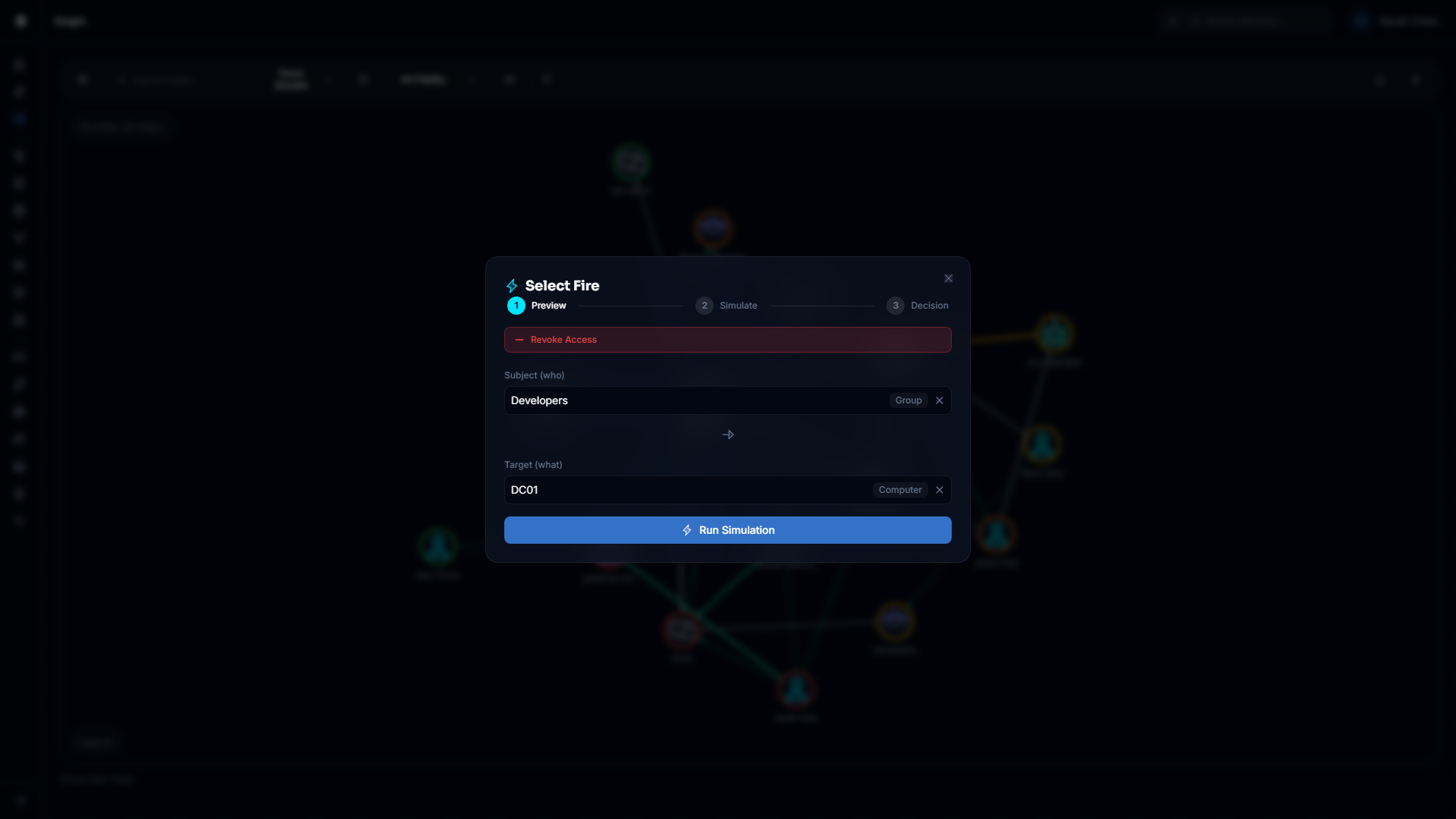 Finding Plan view showing the subject identity, a finding hint card, and a checklist of direct and inherited access relationships with criticality labels